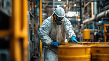 Obraz premium Industrial Worker Handling Hazardous Materials with Precision and Safety. The Scene Highlights the Importance of Protective Gear and Careful Procedures in a High-Risk Environment.