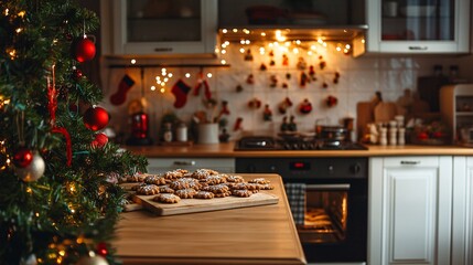 A kitchen filled with the aroma of freshly baked cookies with a view of the oven and Christmas decorations