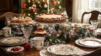 Naklejka premium A beautifully set Christmas table with homemade pies and cakes in the center