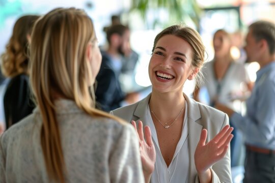 happiness and engagement of a group of staff or participants as they share laughter while listening to a startup business owner at a trade show exhibition event.