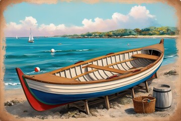 Obraz premium Whimsical Vintage Painting of an Antique Skiff with Coastal Accents and Lively Colours