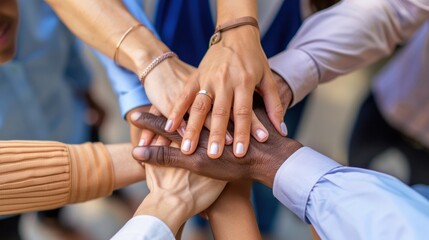 Fototapeta premium Professional business team in a close-up top view, hands stacked together to signify unity and teamwork.