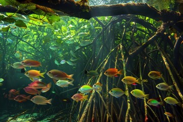 A mesmerizing underwater photograph of tropical fish navigating the intricate roots of a mangrove forest. Great for aquarium lovers and educational materials.