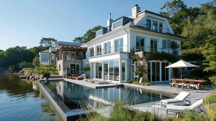 Fototapeta premium modern mansion with a large pool overlooking the water on a sunny day.