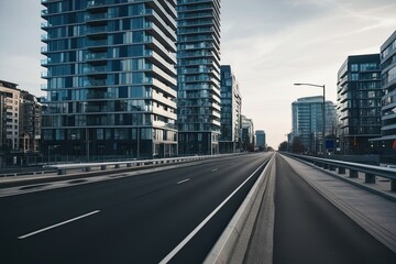 Fototapeta premium Empty Urban Road with Modern City Buildings in Close-Up View