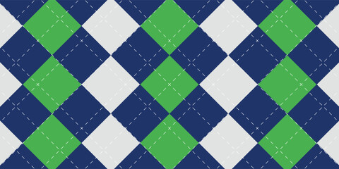 Argyle vector pattern. Argyle pattern. Navy blue and light green argyle pattern. Seamless geometric pattern for clothing, wrapping paper, backdrop, background, gift card, sweater.