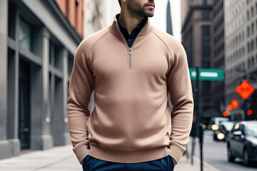 Fototapeta premium Trendy Beige Quarter Zip Pullover Sweater Mockup with Stylish Bottom View