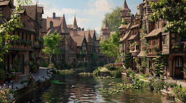 Charming medieval houses lining a tranquil river, creating a picturesque and historic scene with rustic architecture and natural bea Seamless looping 4k time-lapse virtual video animation Generated AI