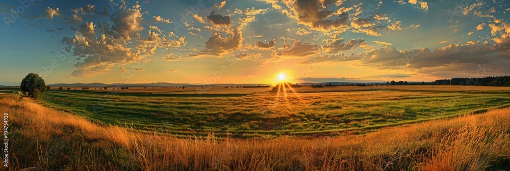 Wall mural breathtaking sunset above a farmland featuring a blend of lush and parched grasses