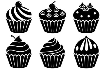 Set of black cupcakes icon, Collection of cupcake silhouette vector illustration