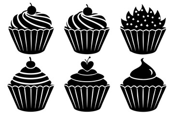 Set of black cupcakes icon, Collection of cupcake silhouette vector illustration