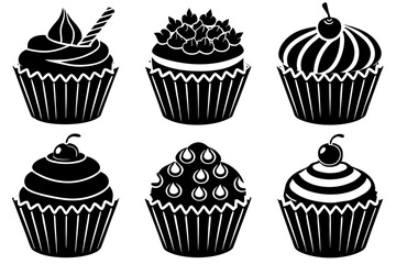 Set of black cupcakes icon, Collection of cupcake silhouette vector illustration