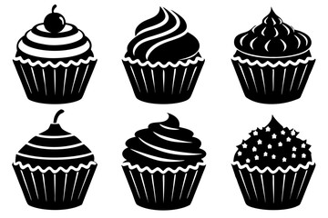 Set of black cupcakes icon, Collection of cupcake silhouette vector illustration