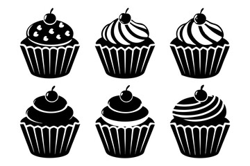 Set of black cupcakes icon, Collection of cupcake silhouette vector illustration