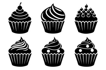 Set of black cupcakes icon, Collection of cupcake silhouette vector illustration