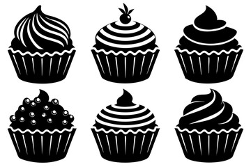 Set of black cupcakes icon, Collection of cupcake silhouette vector illustration