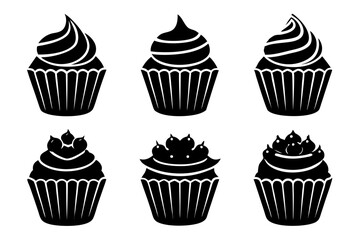 Set of black cupcakes icon, Collection of cupcake silhouette vector illustration