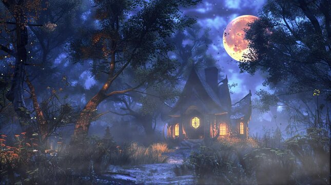 Enchanting fantasy house nestled in a misty landscape under a full moon, creating a magical and mysterious atmosphere with soft, eth Seamless looping 4k time-lapse virtual video animation Generated AI