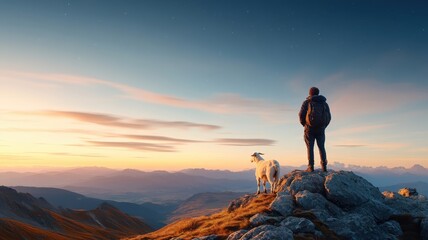 Goat standing on a rocky hill under moonlight in a vast desert, its silhouette sharp against the starry sky, creating serene solitude.