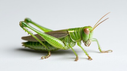 Professionally lit studio shot of a grasshopper, with soft lighting enhancing its detailed body and wings against a clean, minimalistic backdrop.