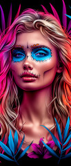 Fototapeta premium A woman with a skull painted on her face. The skull is surrounded by flowers and leaves. The woman has blue and pink makeup on her face