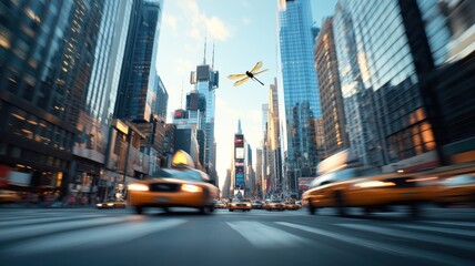 Naklejka premium Whimsical dragonfly fluttering through a bustling city street, with skyscrapers and traffic providing a dramatic backdrop to its agile flight.