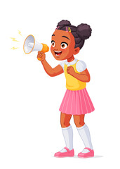 Cute little Black girl with megaphone speaking or shouting excitedly making announcement. Cartoon vector illustration.