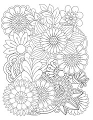 Floral picture in black and white for adult coloring books. Coloring page of monochrome flowers and leafs. Doodles pattern, Page for coloring book. Outline flowers. Doodles in black and white