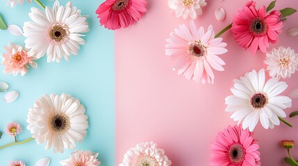 Composition of pink and white flowers are lined inside frame on pink and blue background