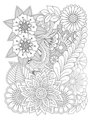 Floral picture in black and white for adult coloring books. Coloring page of monochrome flowers and leafs. Doodles pattern, Page for coloring book. Outline flowers. Doodles in black and white