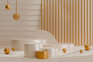 3D style podium of shiny gold coating for luxury beauty, cosmetic product display background. 3d illustration