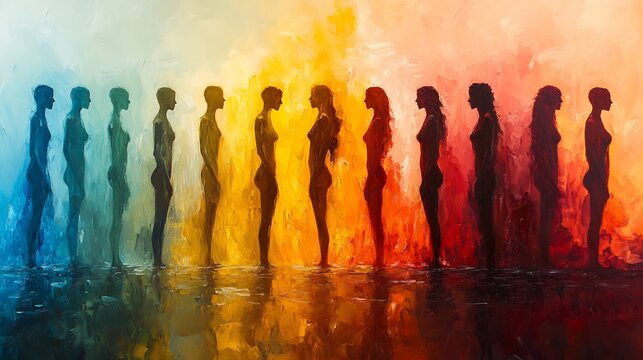 Spectrum of Diversity abstract image where diverse human figure arranged along spectrum of color representing broad range of human experience identity figure blend into one another creating harmonious