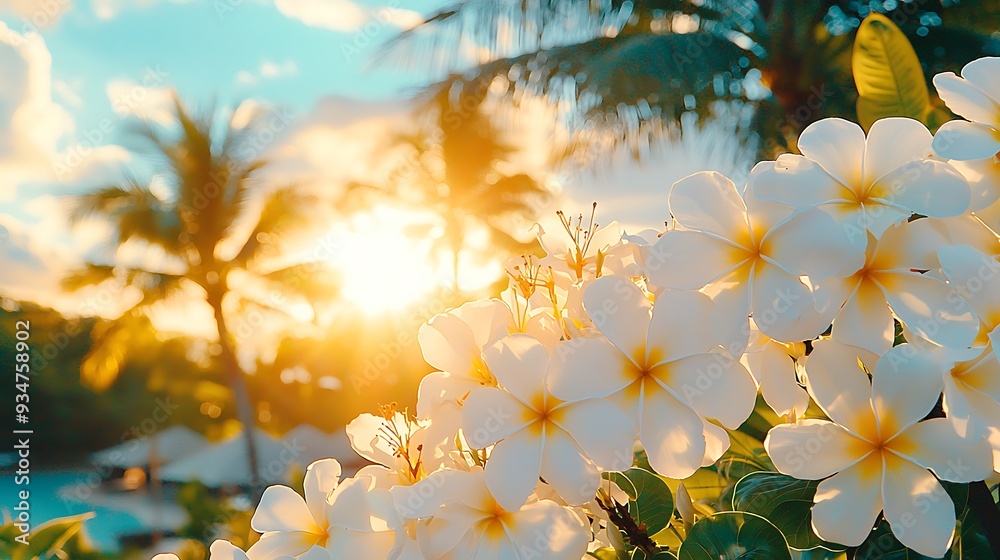 Wall mural White Plumeria Flowers in Tropical Sunset