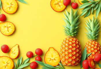 Fresh pineapple fruit background with copy space on yellow background
