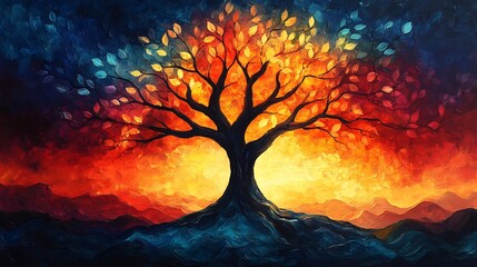 Tree of Life Wellness abstract representation of tree growing mind branch filled vibrant glowing leaf Each leaf represents positive thought or emotion symbolizing growth nurturing of mental wellness