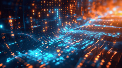 Abstract Digital Background Featuring Flowing Binary Code and Dynamic AI Algorithms Showcasing Advanced Technology and Data Processing in a Futuristic, High-Tech, and Innovative Virtual Environment