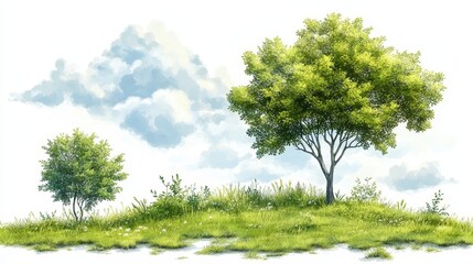 Fototapeta premium Watercolor Illustration of Green Trees and Grass with Cloudy Sky