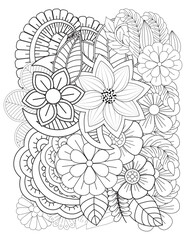 Floral picture in black and white for adult coloring books. Coloring page of monochrome flowers and leafs. Doodles pattern, Page for coloring book. Outline flowers. Doodles in black and white