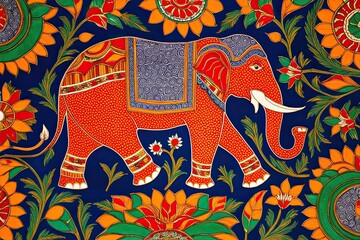 Fototapeta premium Vibrant Traditional Gond Art with Elephants and Floral Designs from India on a Colorful Background