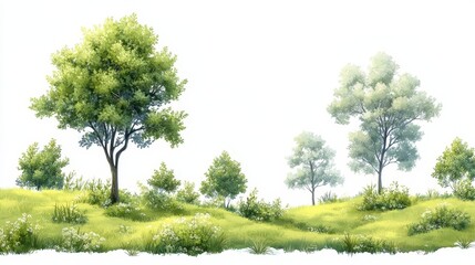 Green Trees and Lush Grass on a Hillside in a Summer Landscape