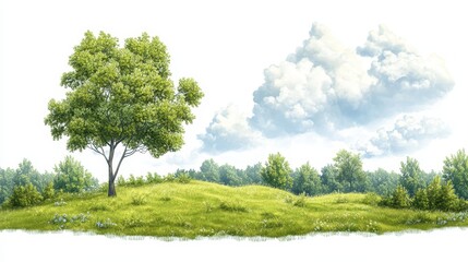 Fototapeta premium Lush Green Meadow with Trees and Clouds Isolated on White Background