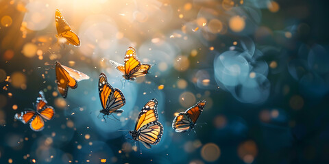 Butterflies are flying in the sky and the sun is shining
