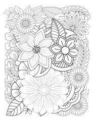 Floral picture in black and white for adult coloring books. Coloring page of monochrome flowers and leafs. Doodles pattern, Page for coloring book. Outline flowers. Doodles in black and white