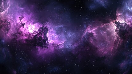 Naklejka premium Stellar Panorama: Hyper-Realistic 360-Degree Nebula View with Purple and Pink Hues, Stars, and Gas Clouds in a Dark Space