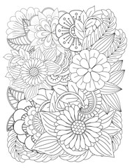 Floral picture in black and white for adult coloring books. Coloring page of monochrome flowers and leafs. Doodles pattern, Page for coloring book. Outline flowers. Doodles in black and white