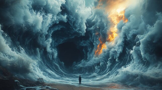 Tidal Waves of Anxiety surreal landscape where towering tidal wave made of swirling dark cloud loom over small fragile figure wave filled abstract pattern representing intrusive thought sky chaotic