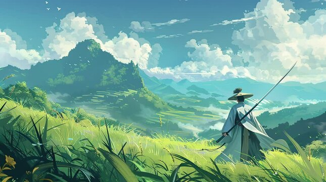 A lone samurai knight standing on a vast grassland under the open sky, ready for battle
 Seamless looping 4k time-lapse virtual video animation Generated AI
