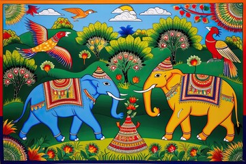 Colorful Indian Folk Art Showcasing Animals in a Lush Natural Setting