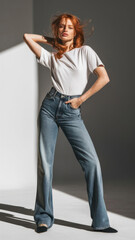 Woman posing confidently in casual white t-shirt and blue jeans, standing in a studio with a white background. Concept of fashion and style.