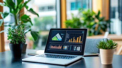 A modern workspace featuring a laptop displaying data charts, with vibrant greenery in a bright office setting.